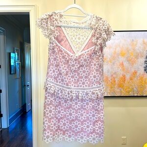 Women’s Saylor pink & white lace mini cocktail dress, size medium